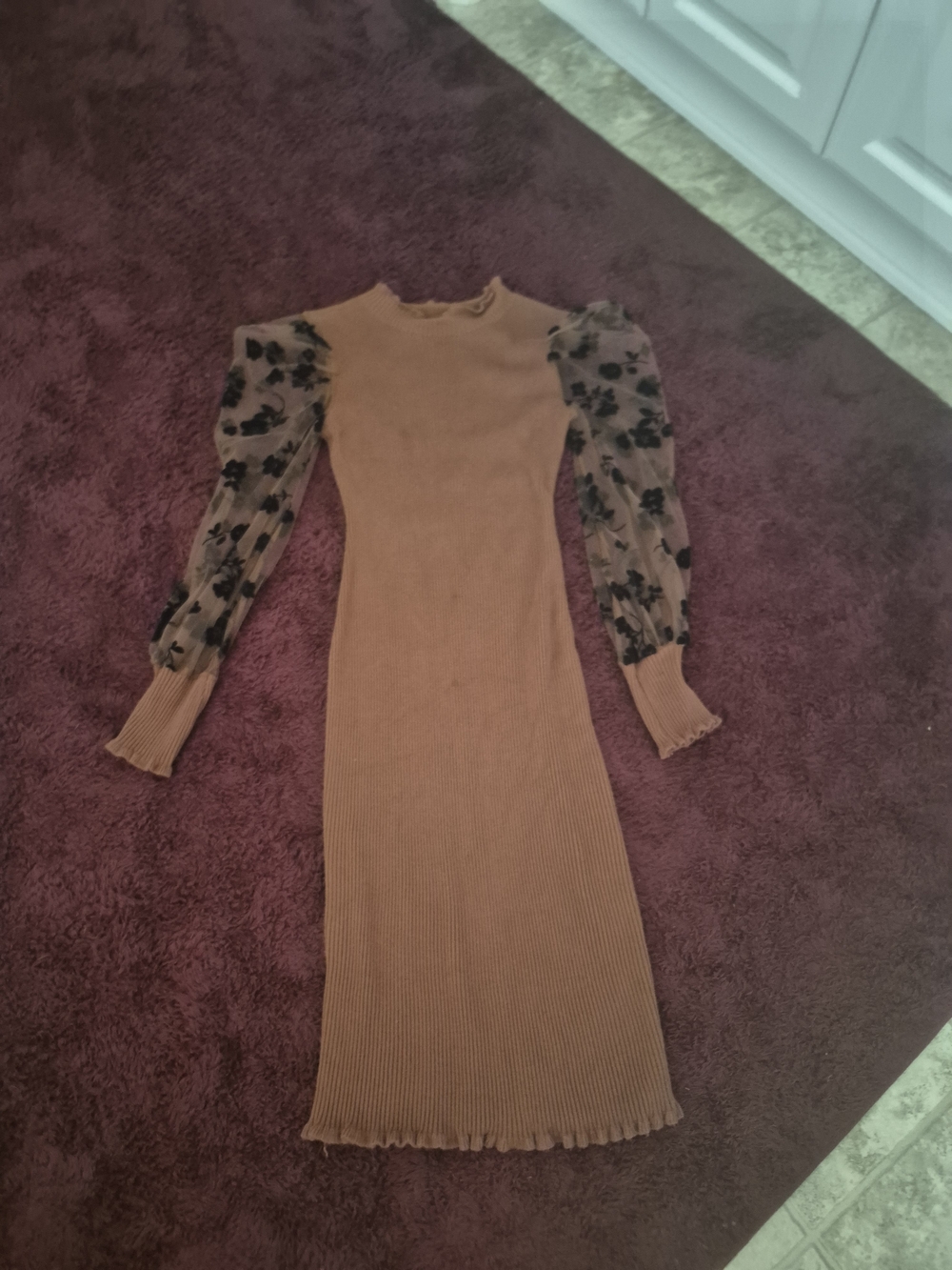 Almost Famous Tan Rib Knit Midi Dress with Floral Sheer Puff Sleeves